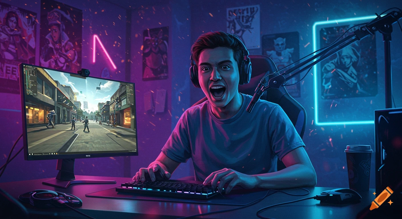 A vibrant digital illustration of a young man with headphones excitedly playing a video game at a glowing PC setup.