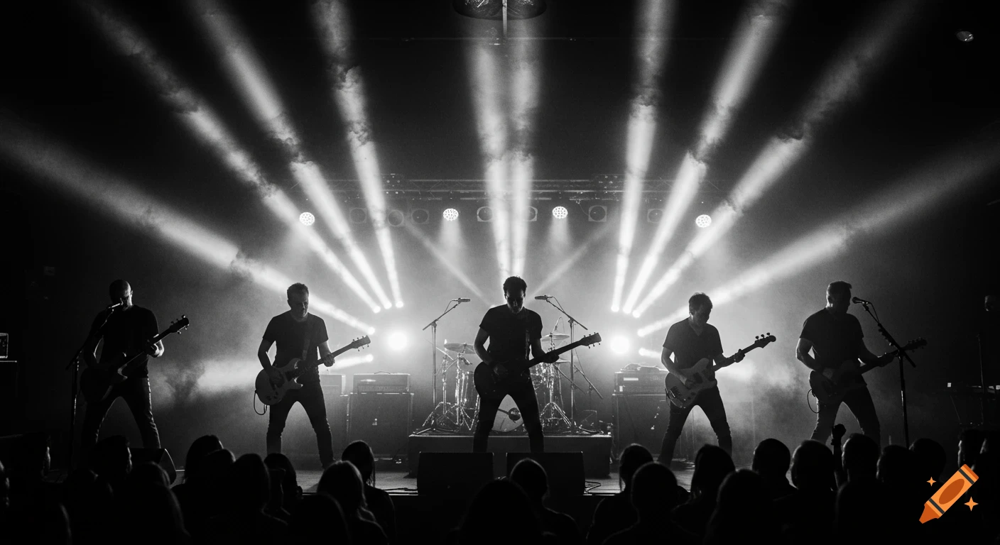 A 5-piece rock band performing on a stage, silhouetted by bright spotlights and smoke, in a black and white concert photo.