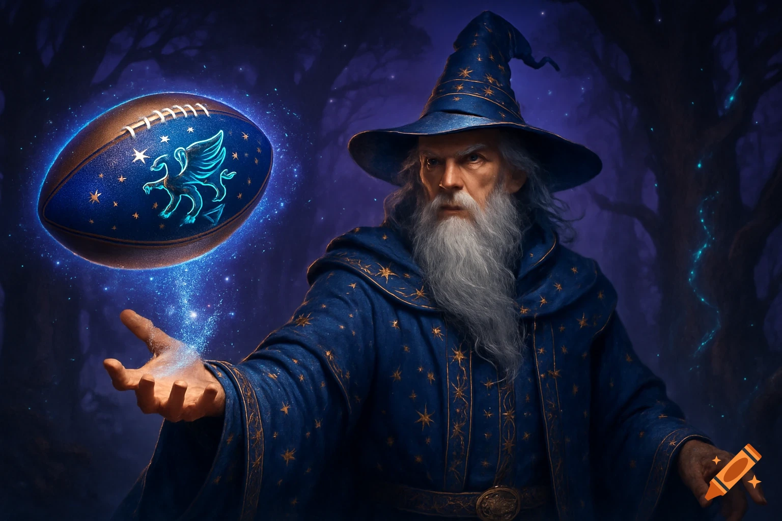 A wizard in a blue starry robe and hat conjures a glowing blue American football in a magical forest, digital art.