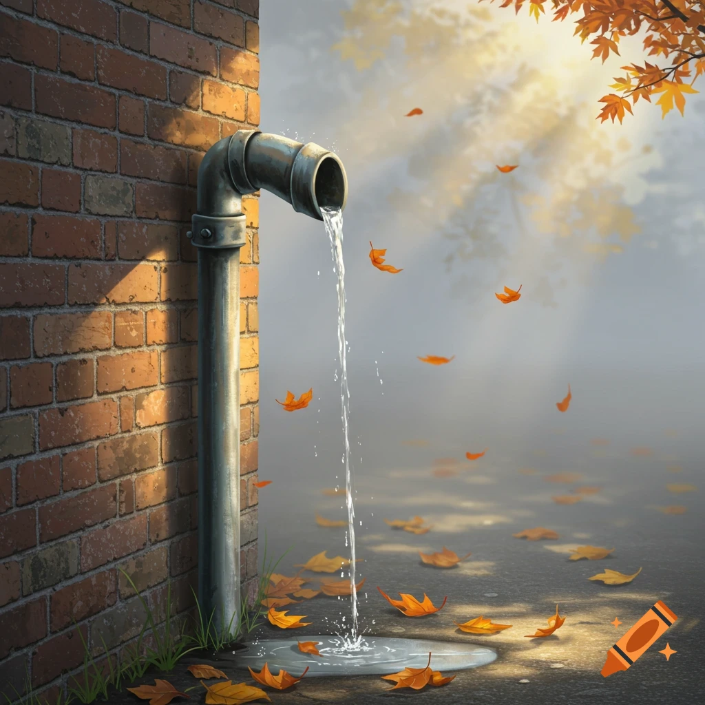 A rain pipe against a brick wall with water flowing onto a ground covered in autumn leaves. Sunlight filters through a misty background.
