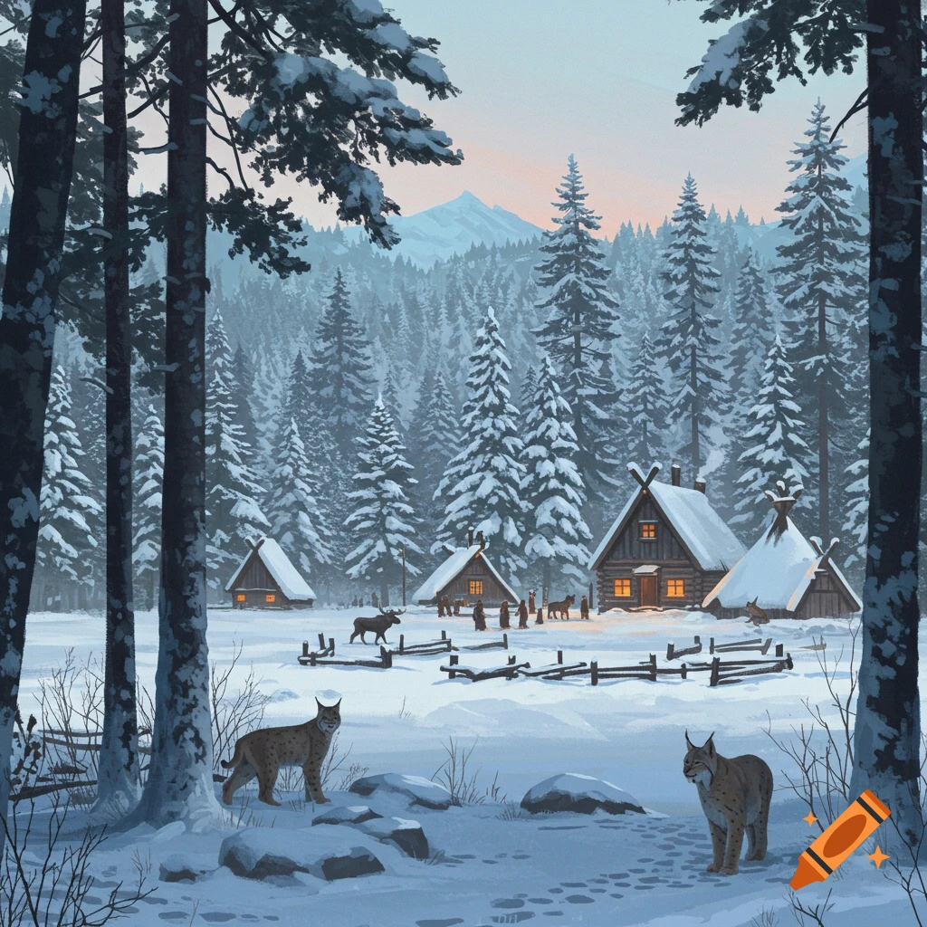 Illustrated winter landscape with log cabins, snow-covered forest, and two lynx in the foreground, with a moose and distant mountains.