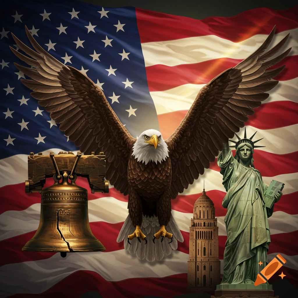 A majestic bald eagle with spread wings in front of a waving American flag, flanked by the Liberty Bell and the Statue of Liberty, with a stylized tower.