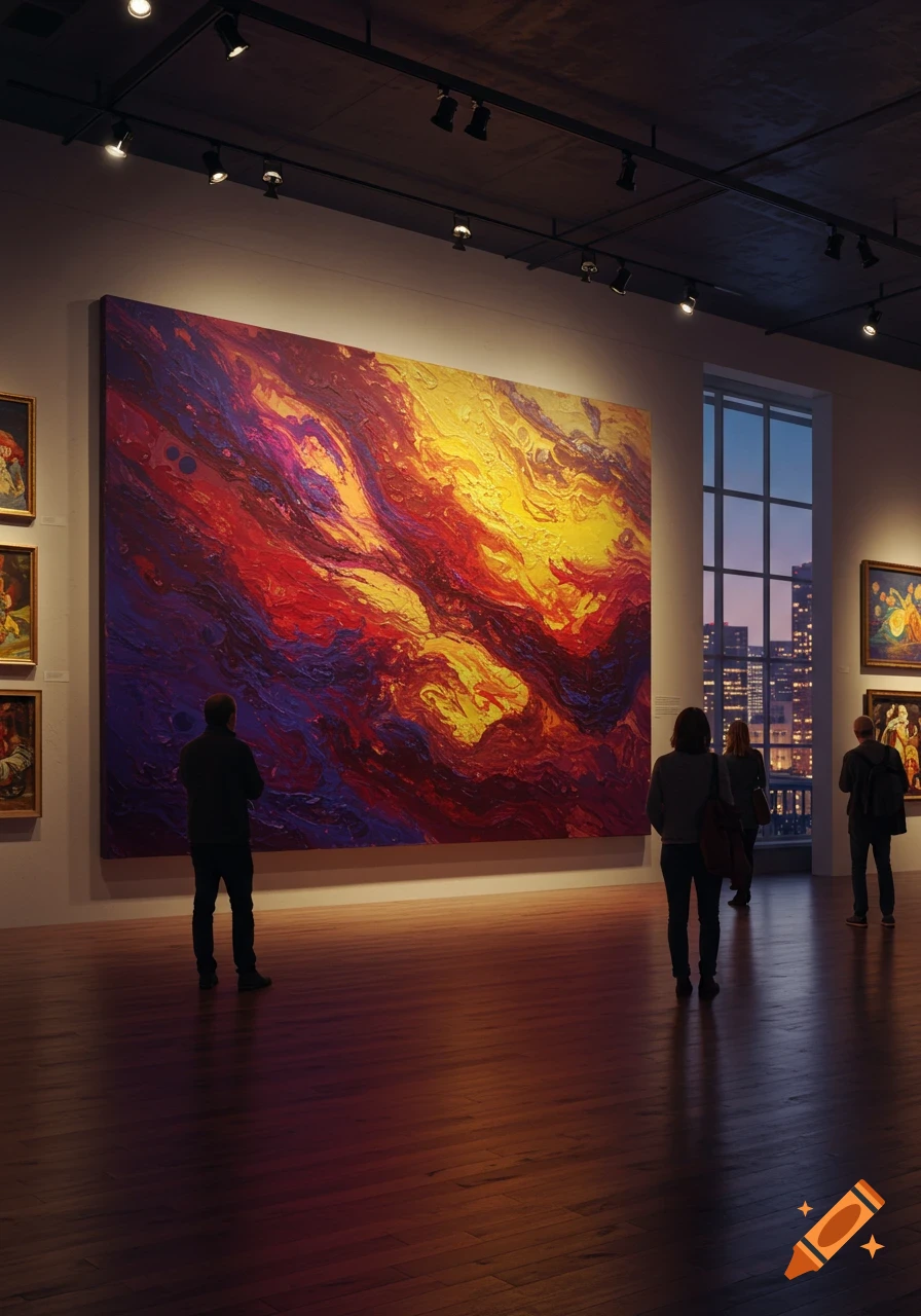 People view large, colorful abstract paintings in a modern art gallery at dusk, with city lights visible through a tall window.