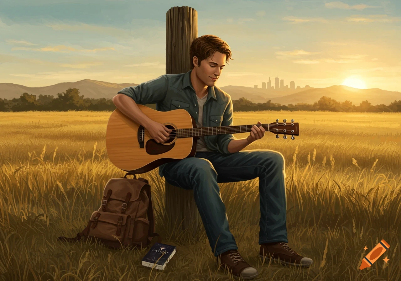 Illustrated young man playing acoustic guitar in a golden field at sunset, with a city skyline in the distance.