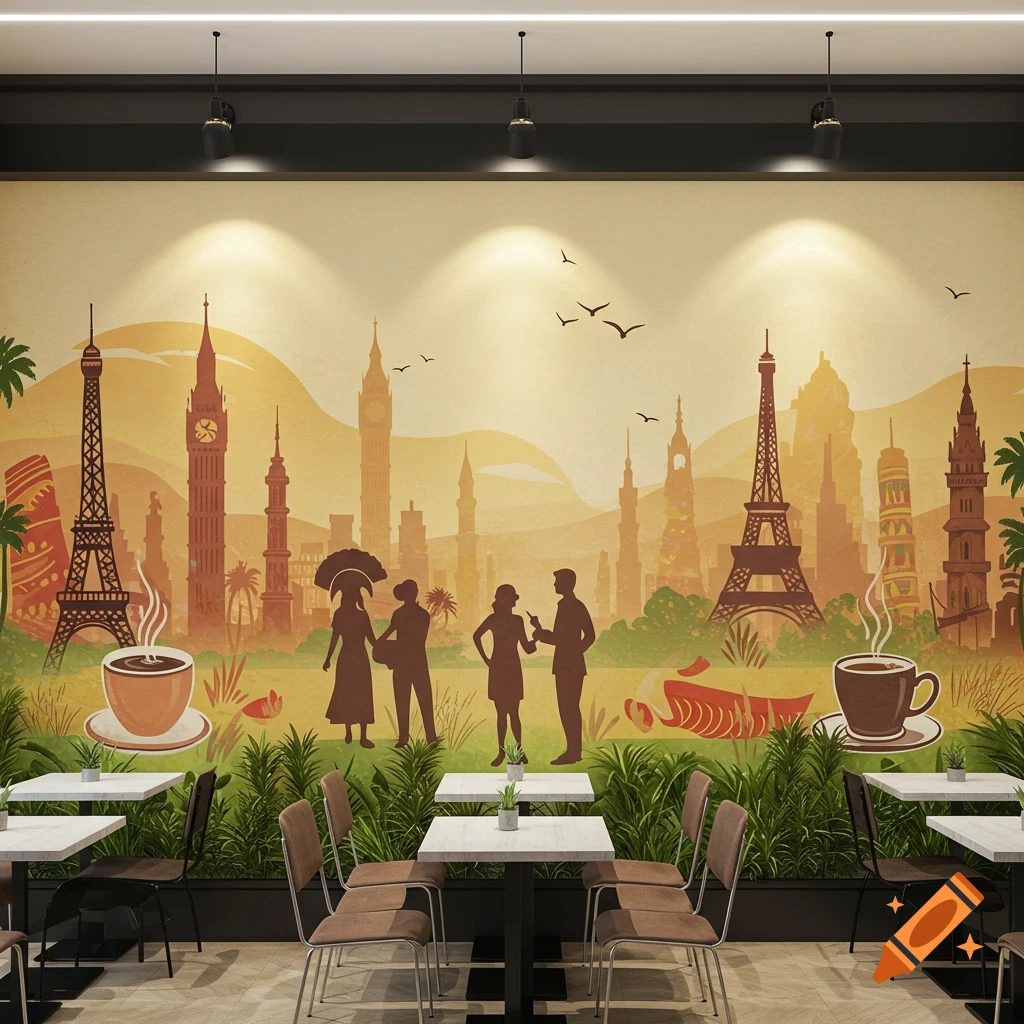 Cafe interior featuring a wall mural with stylized global landmarks and silhouetted people. Modern tables and chairs in the foreground.