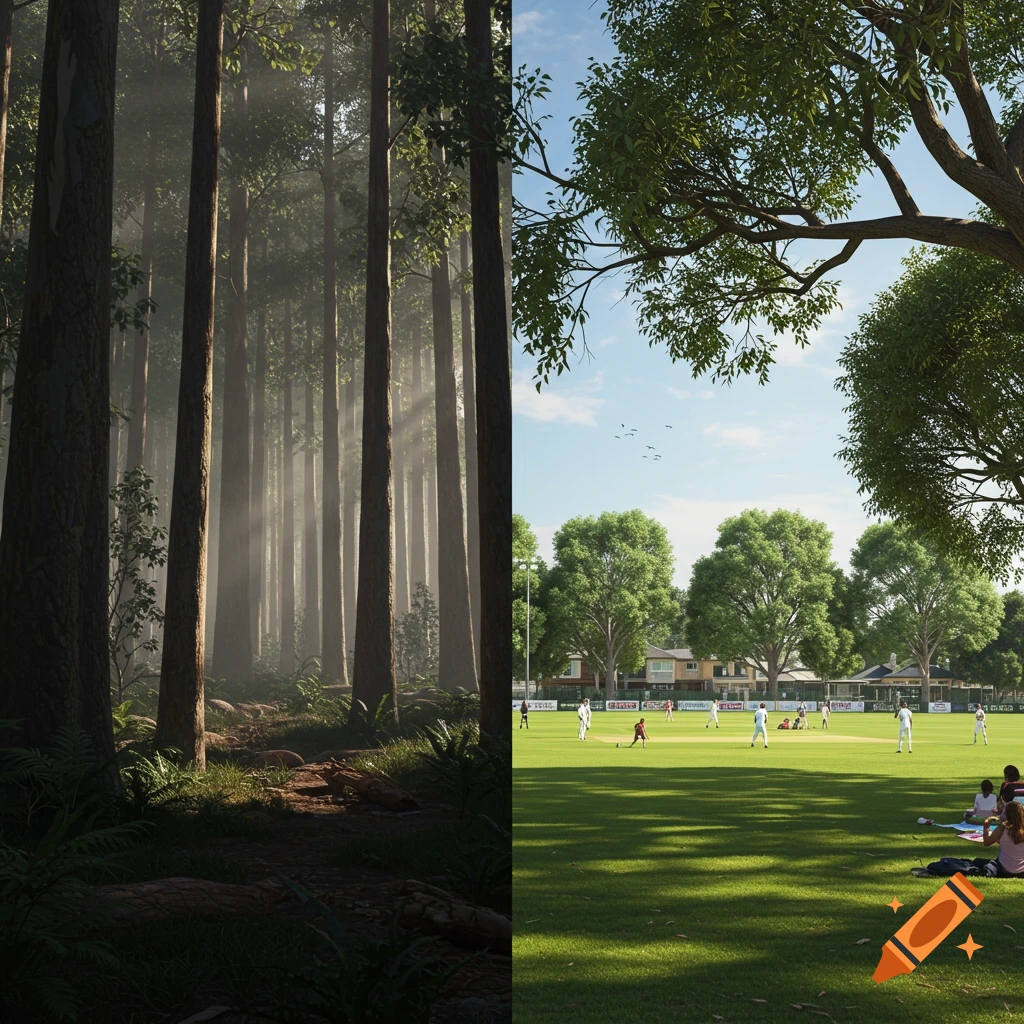 A split landscape featuring a dense, sun-dappled forest on the left and a cricket match on a suburban field on the right.