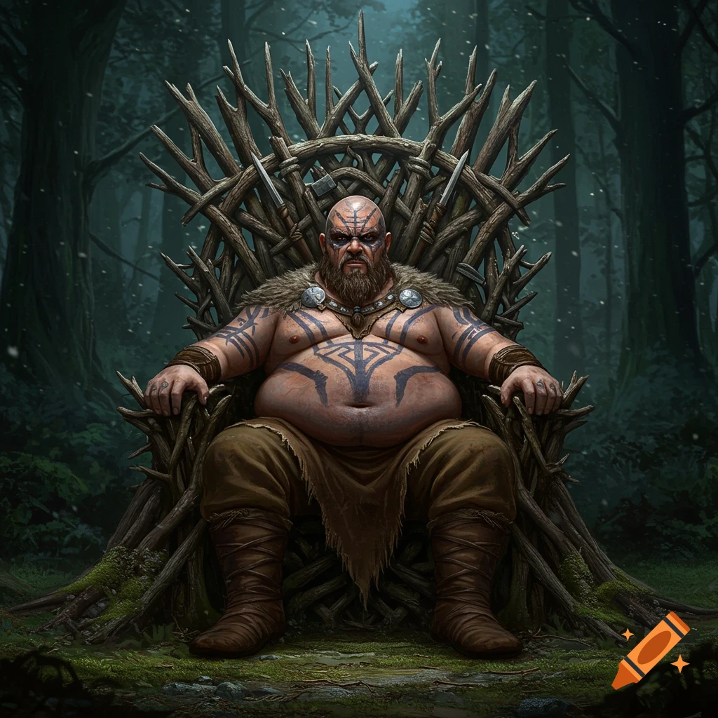 A heavily tattooed, large Viking man with a beard sits on a throne made of branches in a dark forest, looking menacingly.