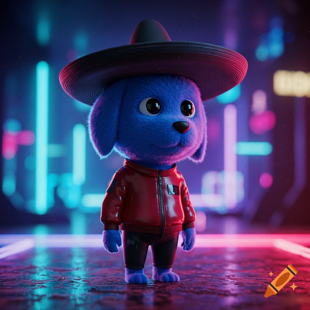 A fluffy blue dog in a red jacket and black sombrero stands in a neon-lit cyberpunk alley.