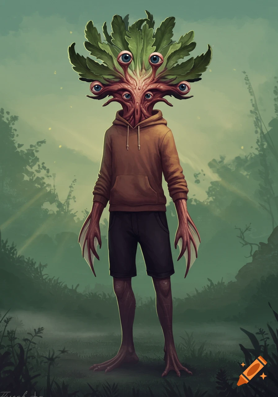 A humanoid plant creature with multiple eyes and clawed hands, wearing a brown hoodie and black shorts, stands in a misty forest.