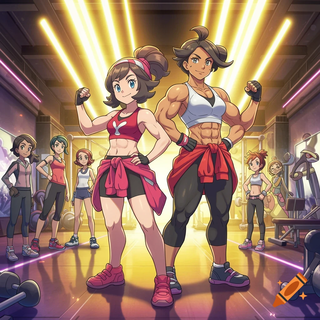 Anime-style Liko and her muscular mother flex in a vibrant gym, other women visible in the background.