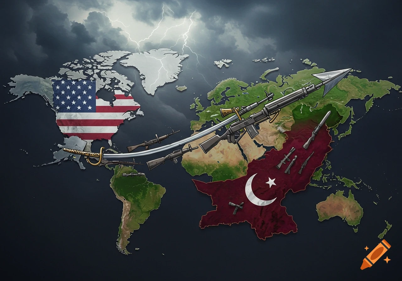Cartoon world map showing the US flag over North America and Pakistan's flag over an Asian region. Weapons form an arrow from the US to Pakistan.