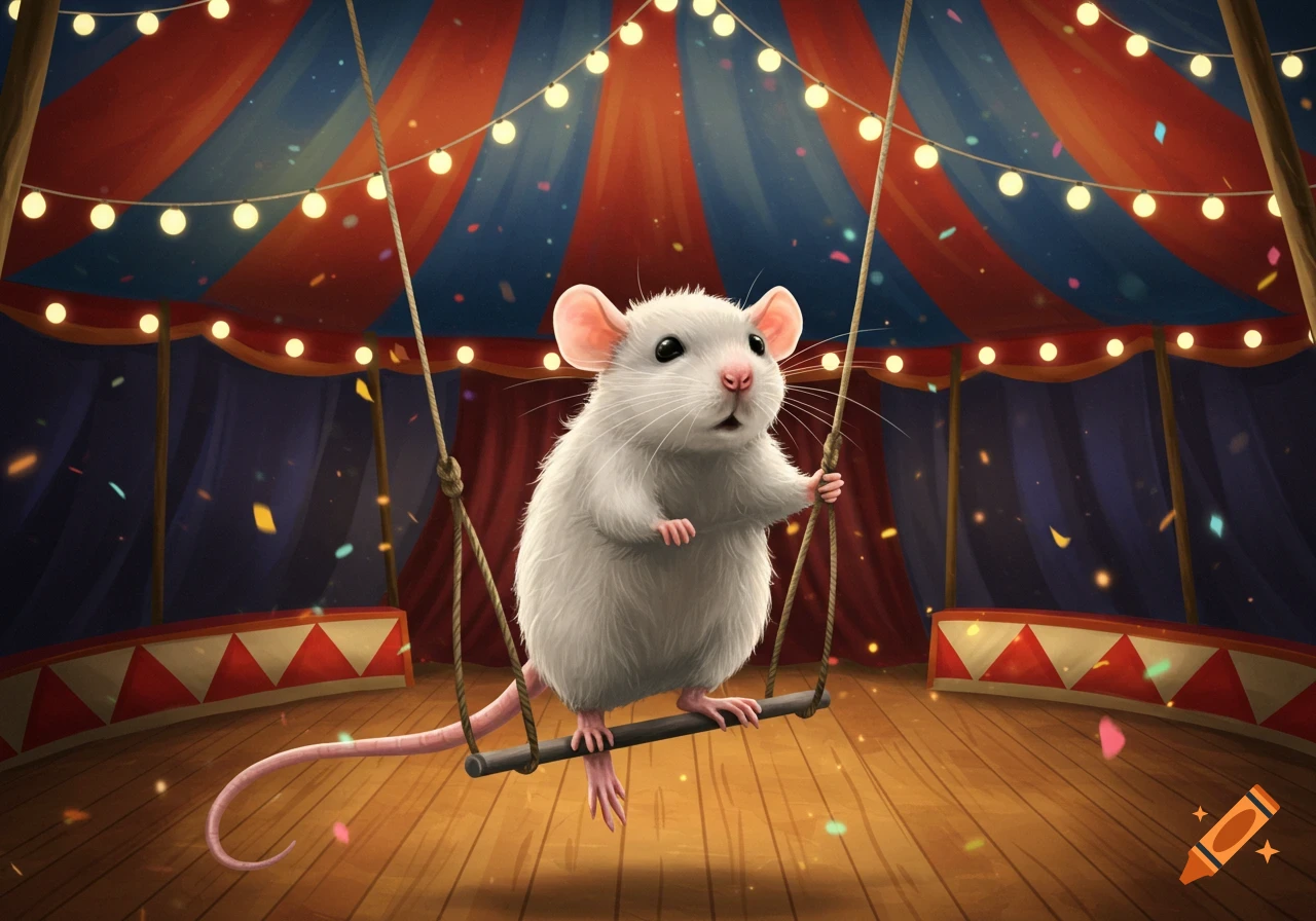 A cute white rat balances on a trapeze in a vibrant circus tent with string lights and confetti.