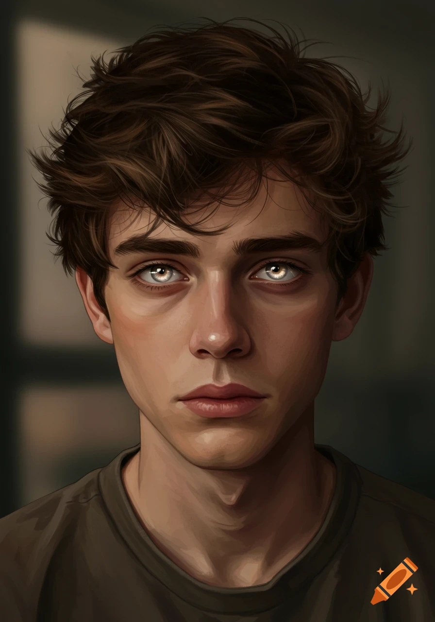 Digital painting of a young man with messy brown hair and glowing silver eyes, looking introspective.