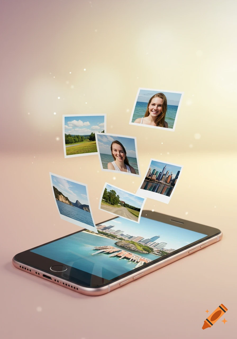 Photorealistic image of a gold smartphone displaying a city landscape, with various travel and portrait photos floating above it.