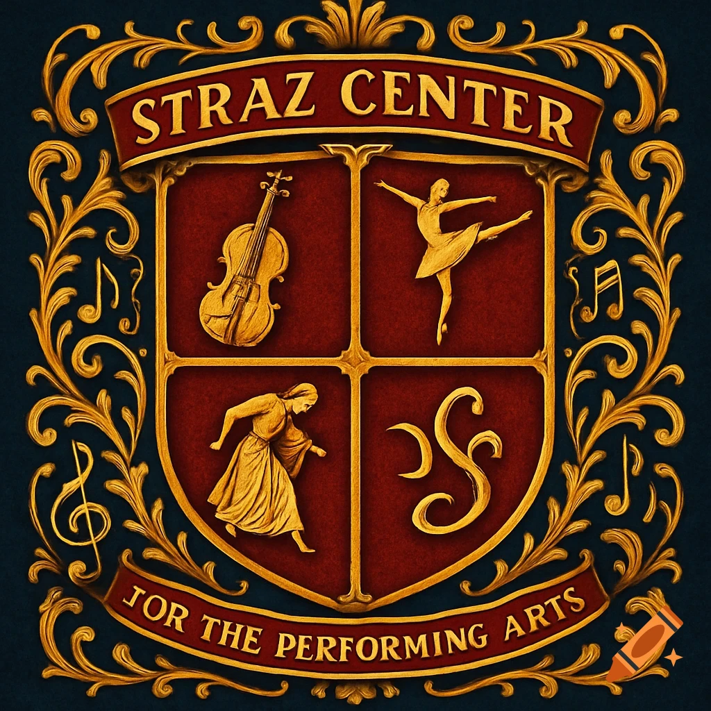 A richly detailed gold and red coat of arms with a violin, two dancers, and musical notes, displaying 'Straz Center for the Performing Arts'.