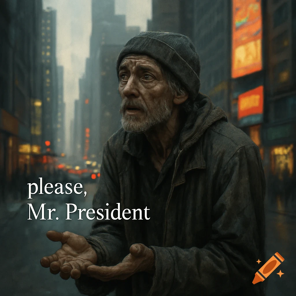 A sorrowful, bearded homeless man in a city, with outstretched hands, overlaid with text 'please, Mr. President'.