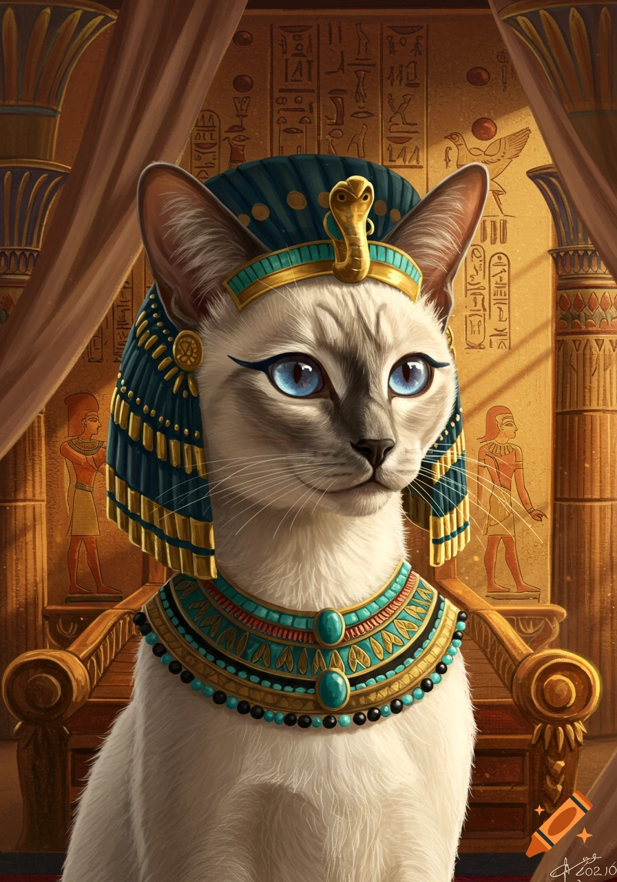 A Siamese cat wearing an elaborate Egyptian pharaoh headdress and collar, with a background of hieroglyphs and columns, in a bright painterly style.