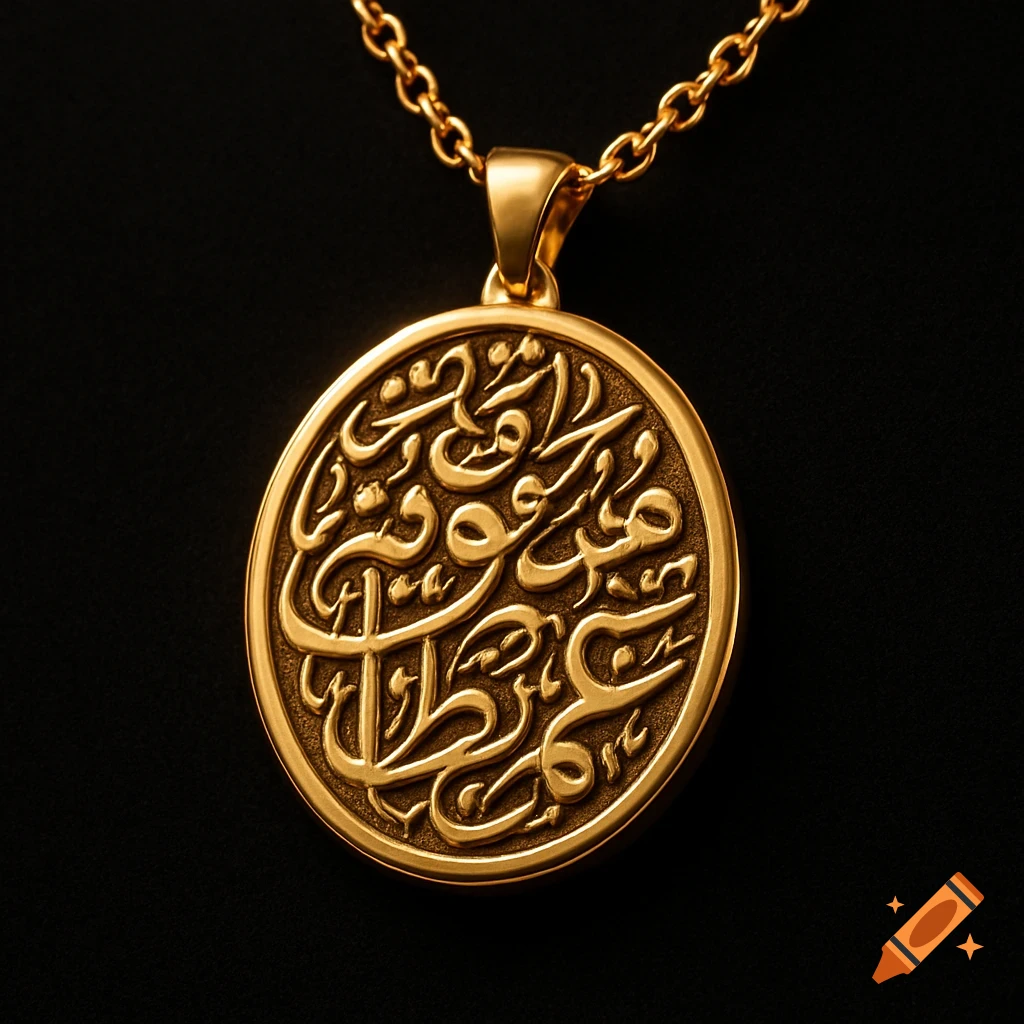 Ultra-realistic macro shot of a gold pendant with ornate Arabic calligraphy on a fine gold chain, against a black velvet background.