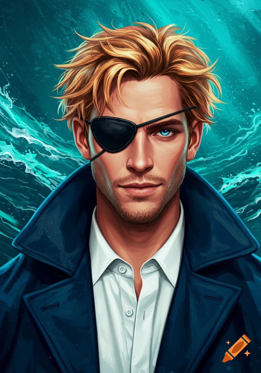Digital painting of a blonde man with an eyepatch, blue eye, and stubble, wearing a dark coat over a white shirt, against a teal blue wavy background.