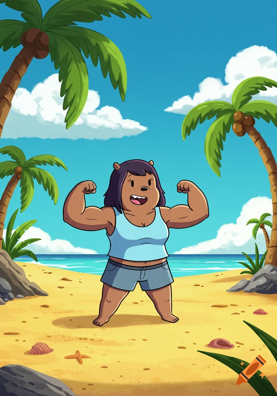 Cartoon of a strong, bear-like woman flexing muscles on a sandy tropical beach with palm trees and ocean.