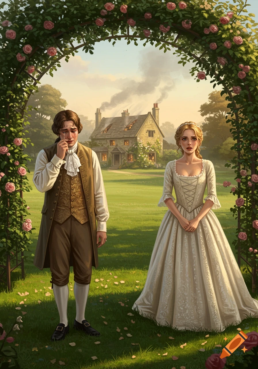 A crying 18th-century man and a concerned woman stand in a rose garden archway, with a smoking cottage in the background. Illustrated.