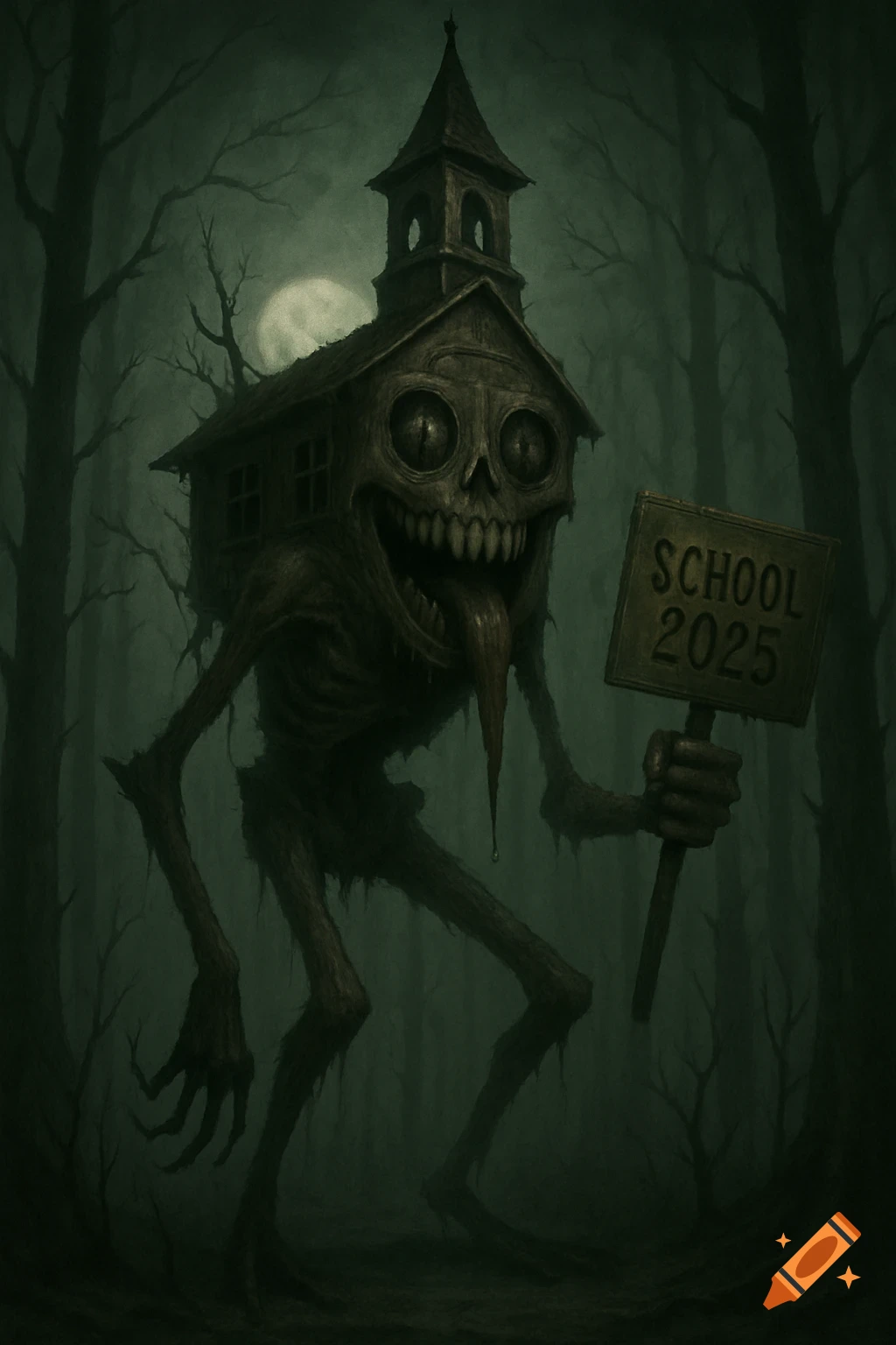 A creepy, skeletal school monster with a wide grin and long tongue, holding a 'SCHOOL 2025' sign in a dark, misty forest.