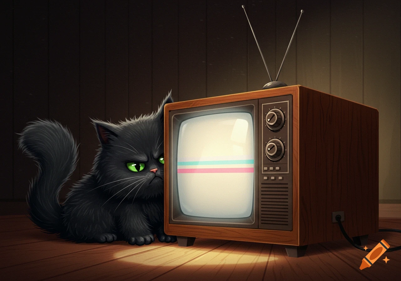 Fluffy grumpy black cartoon cat with green eyes peeking around a vintage wooden TV with a test pattern on screen.
