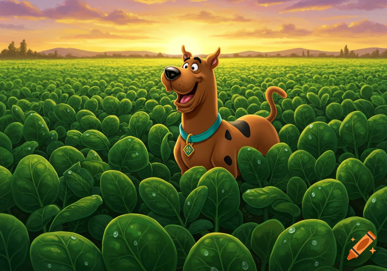 Cartoon Scooby Doo stands smiling in a vibrant green field of spinach under a colorful sunset.