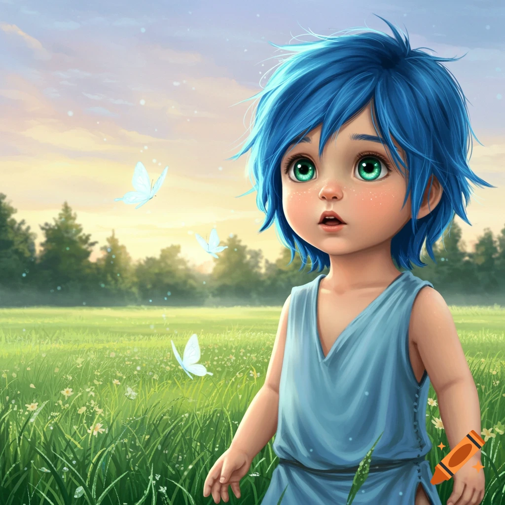 A stylized little boy with blue hair and green eyes in a grassy field with butterflies at sunset.