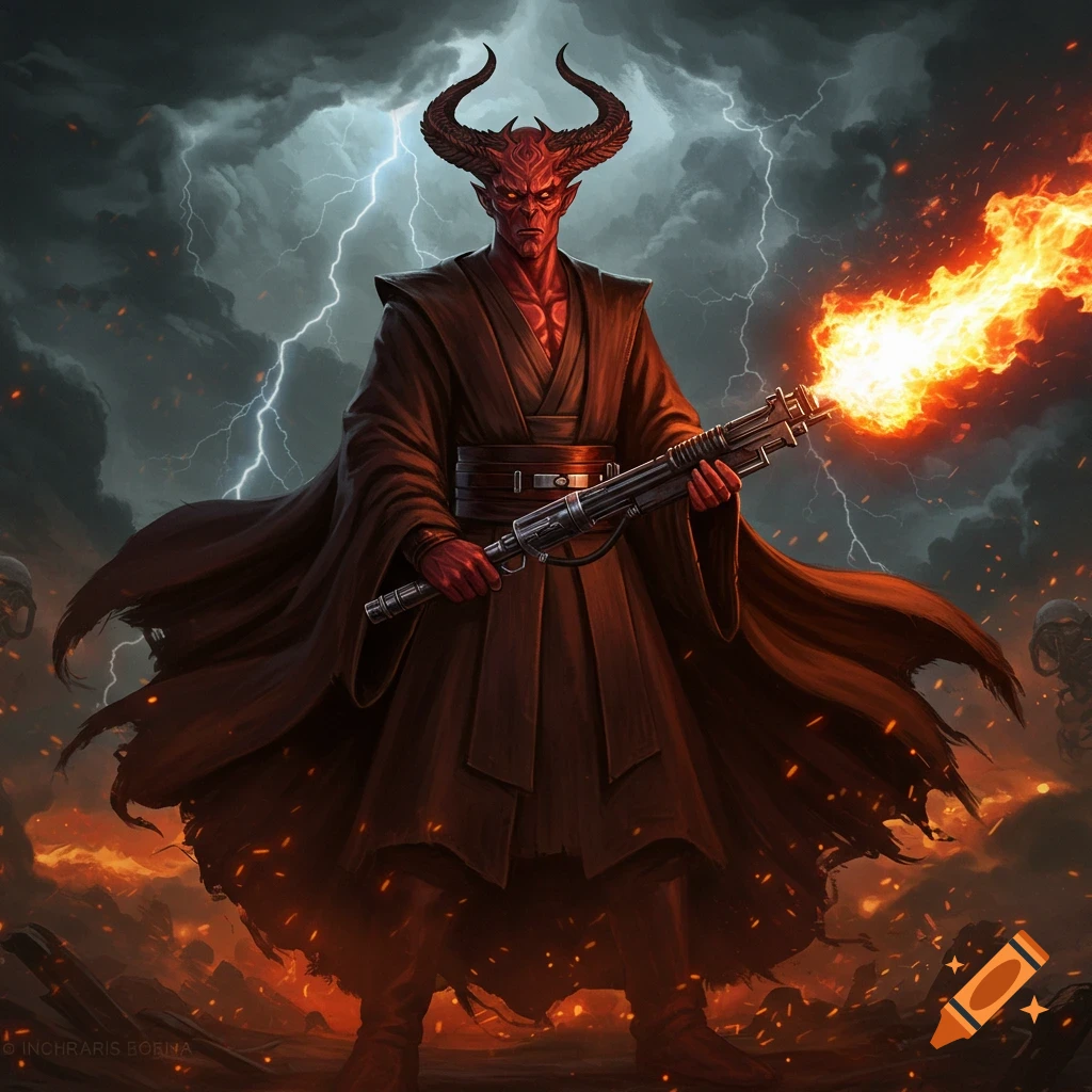 A horned, red-skinned demon in dark robes wields a flamethrower amidst a fiery landscape and stormy, lightning-streaked sky. Digital painting.
