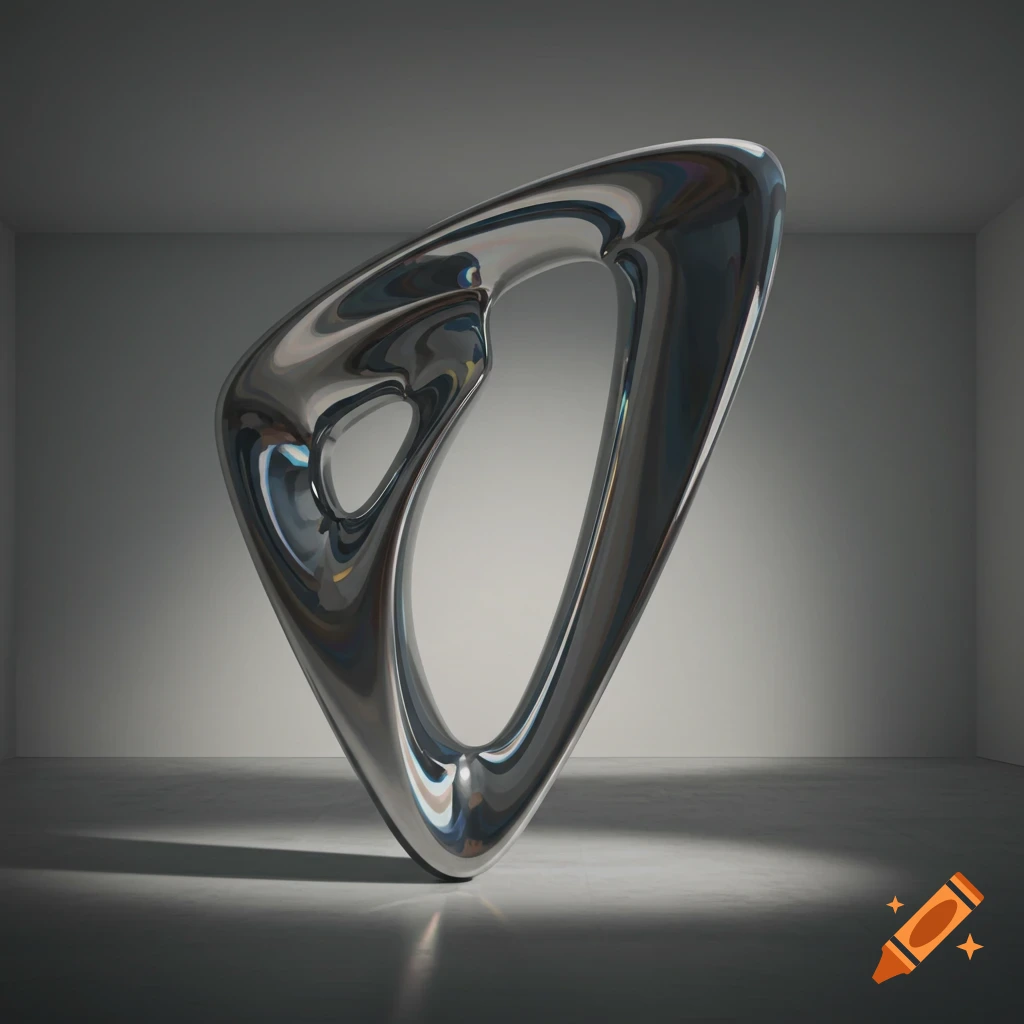 A sleek, silver, abstract sculpture with an organic, twisting form, lit in a minimalist studio.