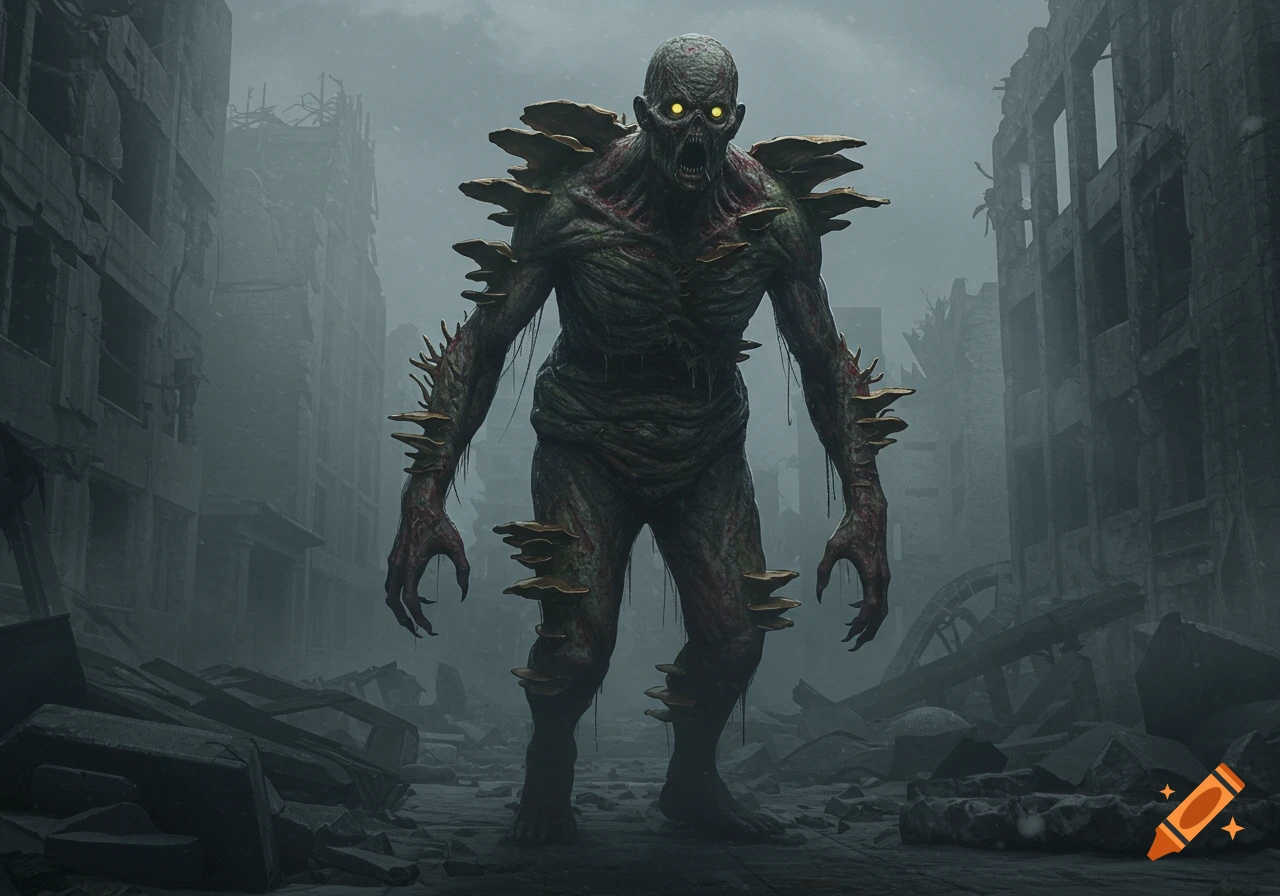 Photorealistic image of a horrifying, fungus-covered humanoid monster with glowing yellow eyes in a ruined post-apocalyptic city.