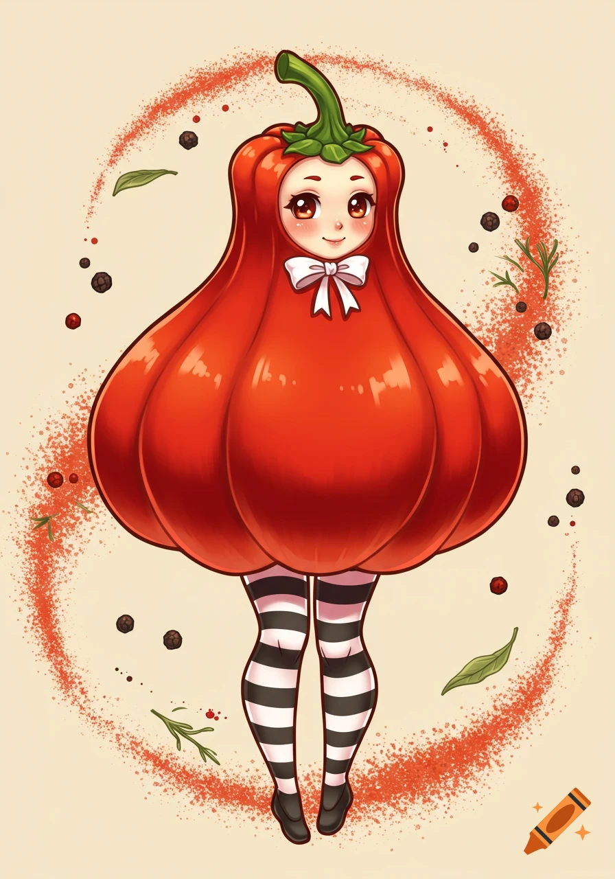 A cute anime-style cartoon girl dressed as a red bell pepper with a white bow, black and white striped tights, surrounded by scattered spices.