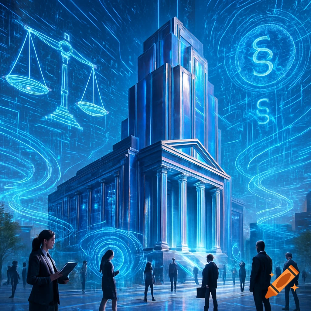 Futuristic blue-lit cityscape with a grand legal building, glowing scales of justice, and paragraph symbols in the sky, with business people below.