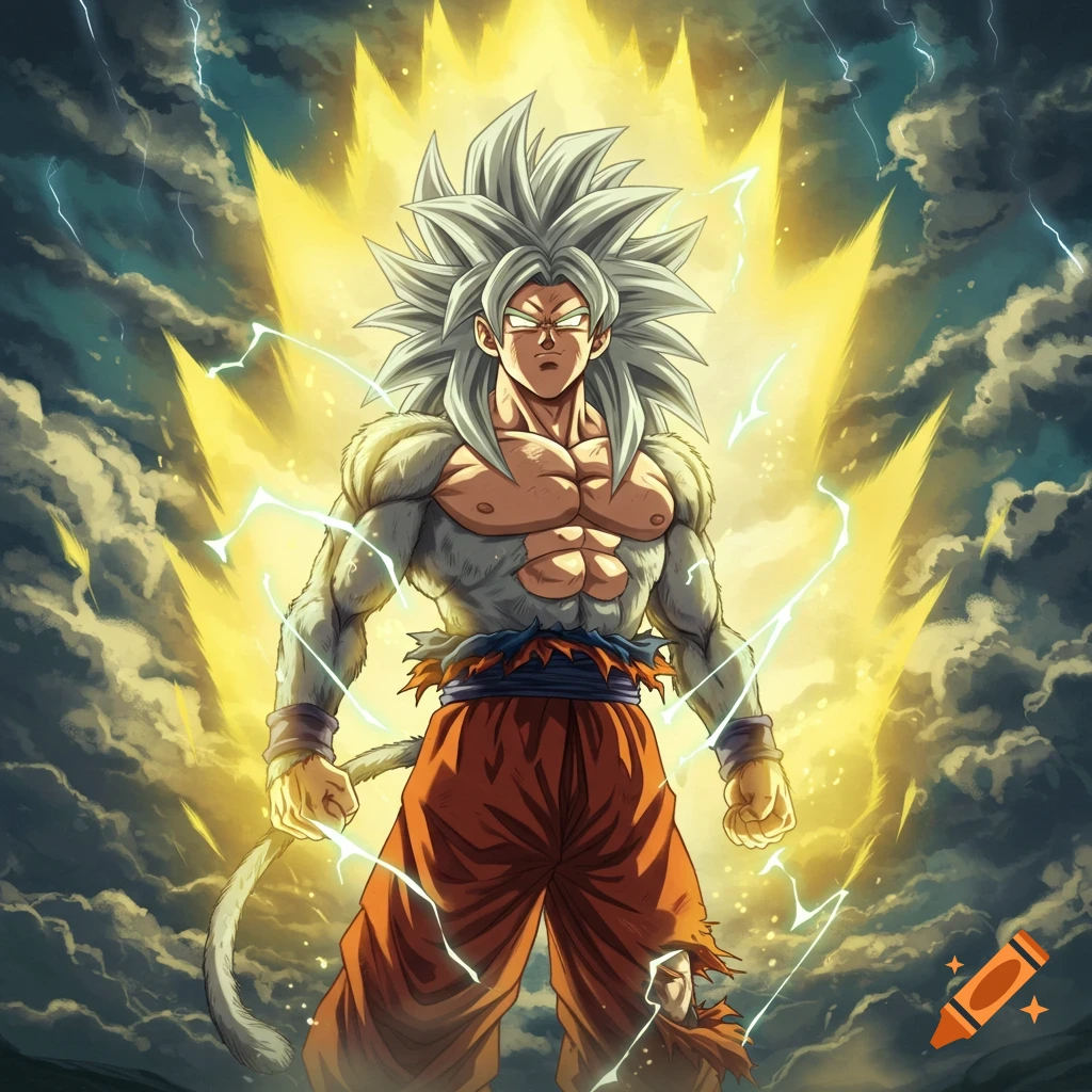 Goku in a Super Saiyan 5 transformation with white spiky hair, furry torso, and a tail, surrounded by golden aura and lightning.