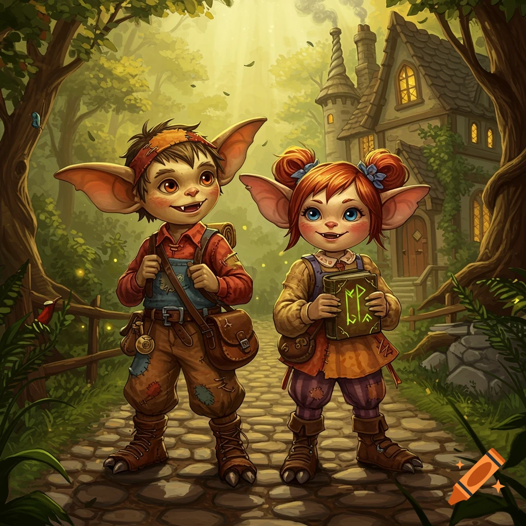 Cartoon boy and girl gremlins with big ears on a forest path, a whimsical house behind them. The girl holds a book with glowing symbols.