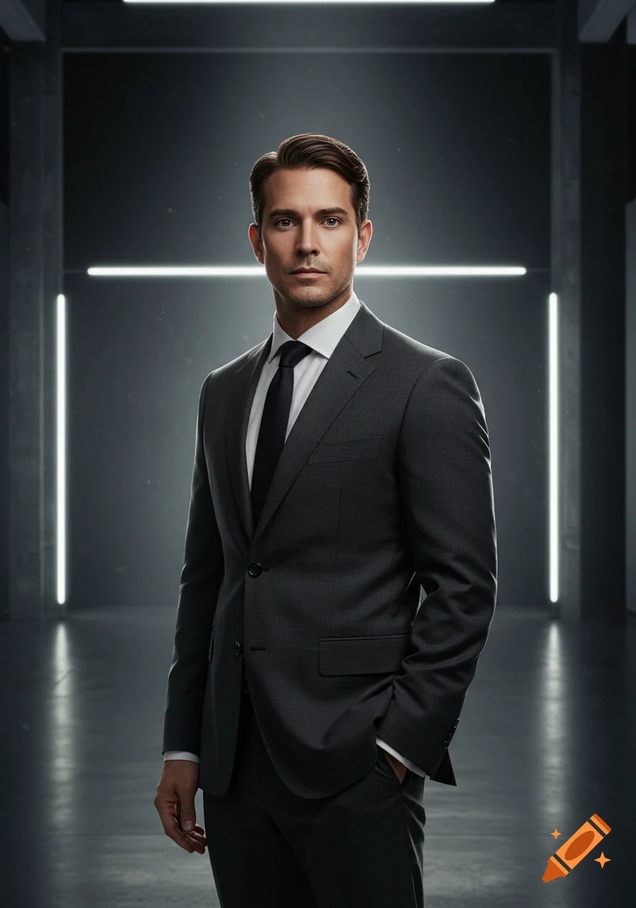 Photorealistic portrait of a man in a dark suit, white shirt, and black tie, standing in a modern, dimly lit space with glowing white strip lights.