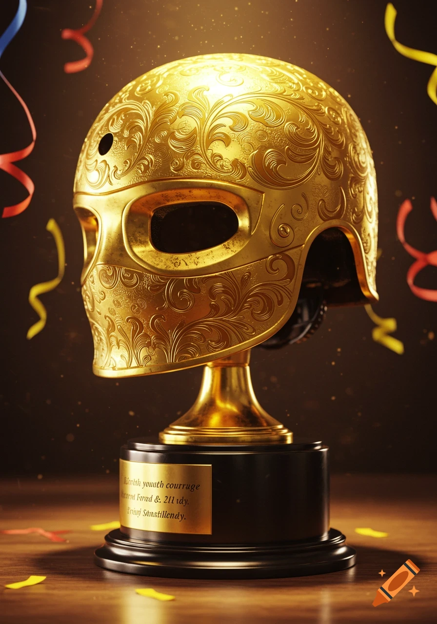 A shiny gold trophy in the shape of an ornate, filigreed helmet with eye slits, standing on a black base, surrounded by falling confetti.