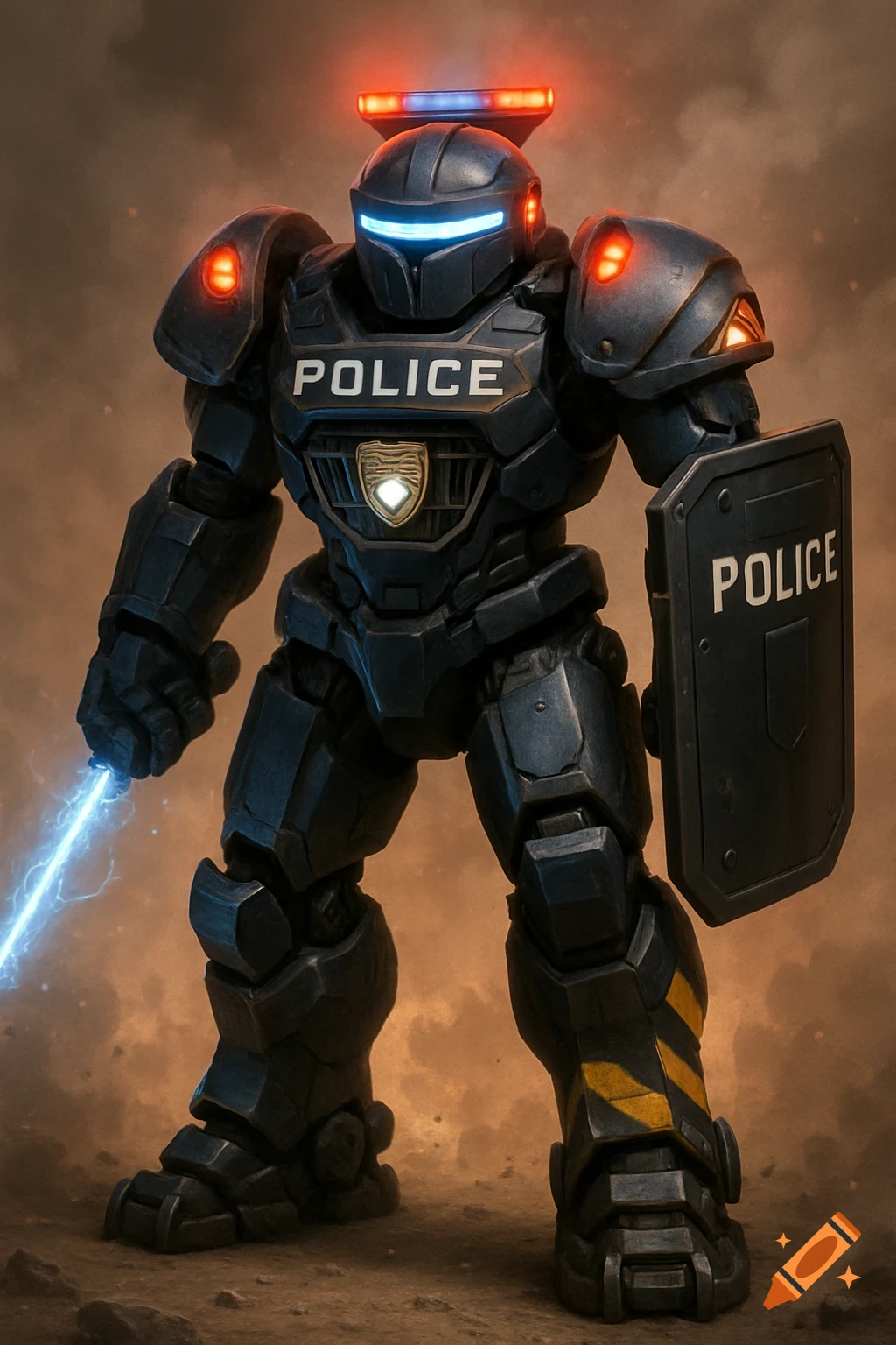 A dark armored futuristic police robot with red and blue lights, a plasma weapon, and a shield stands on dusty ground.
