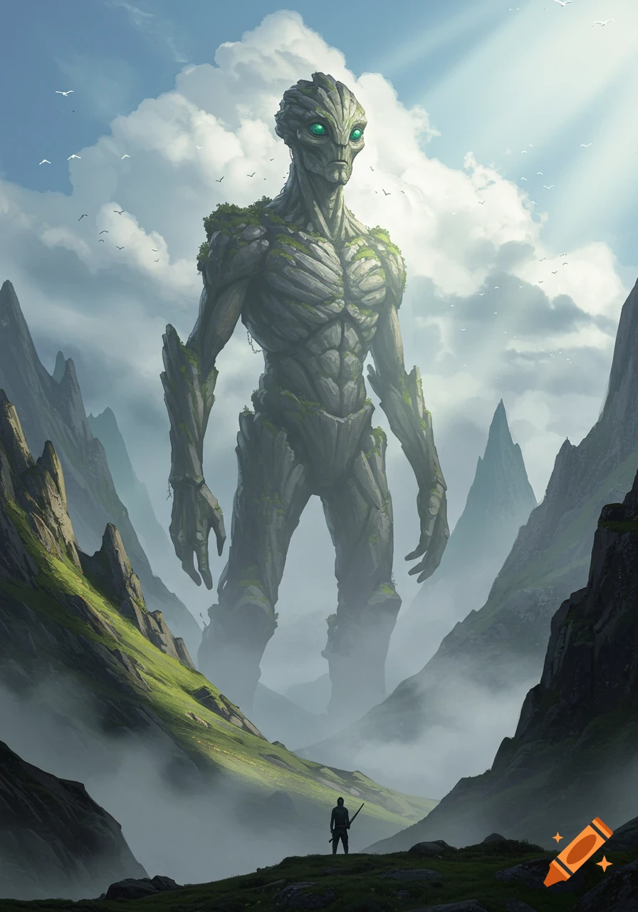 A giant, moss-covered rock creature alien with glowing green eyes overlooks a small human figure in a vast, foggy mountain valley.
