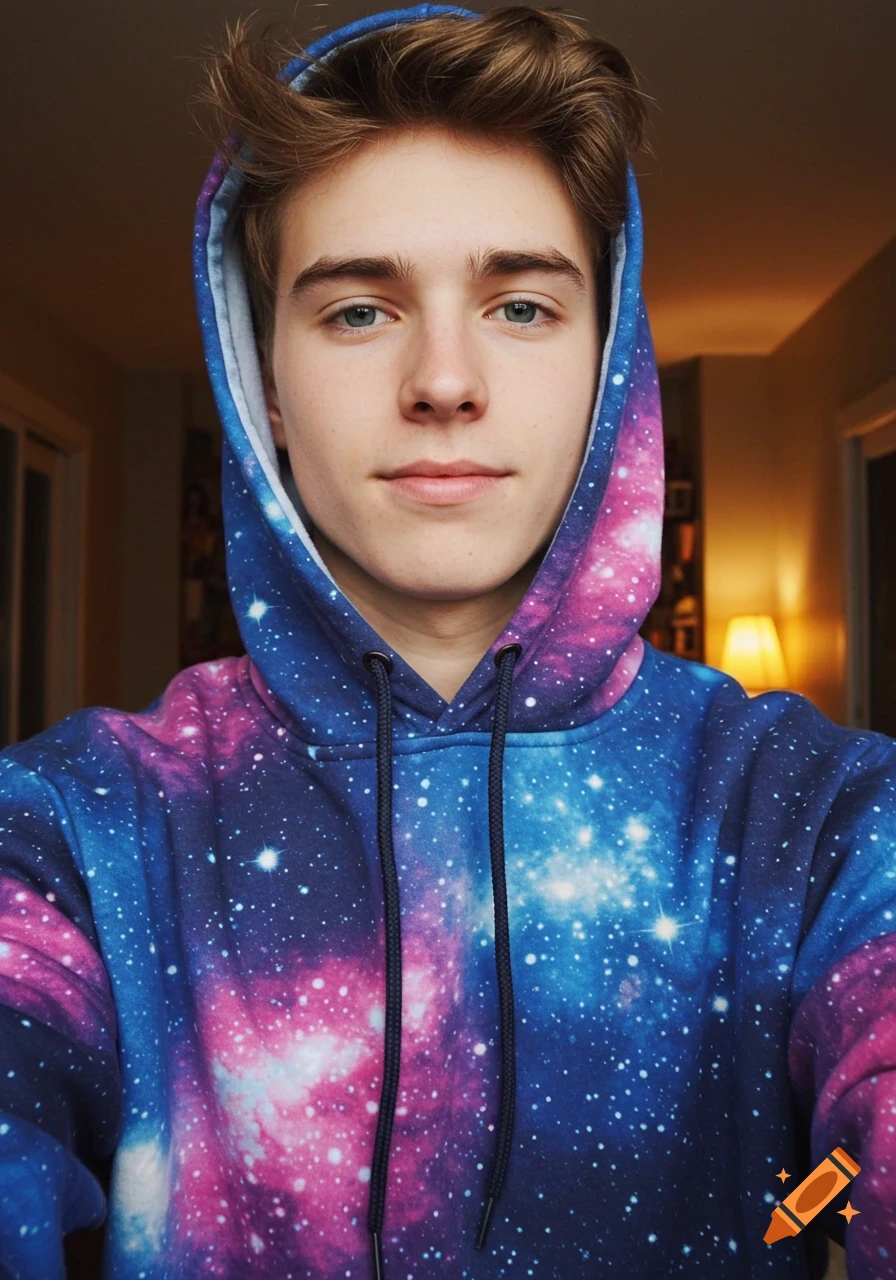 Close-up selfie of a young man with light brown hair and blue eyes, wearing a blue and pink galaxy print hoodie.