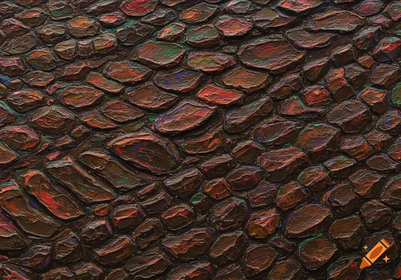Abstract oil painting with thick impasto texture resembling brown, red, and green monster skin.