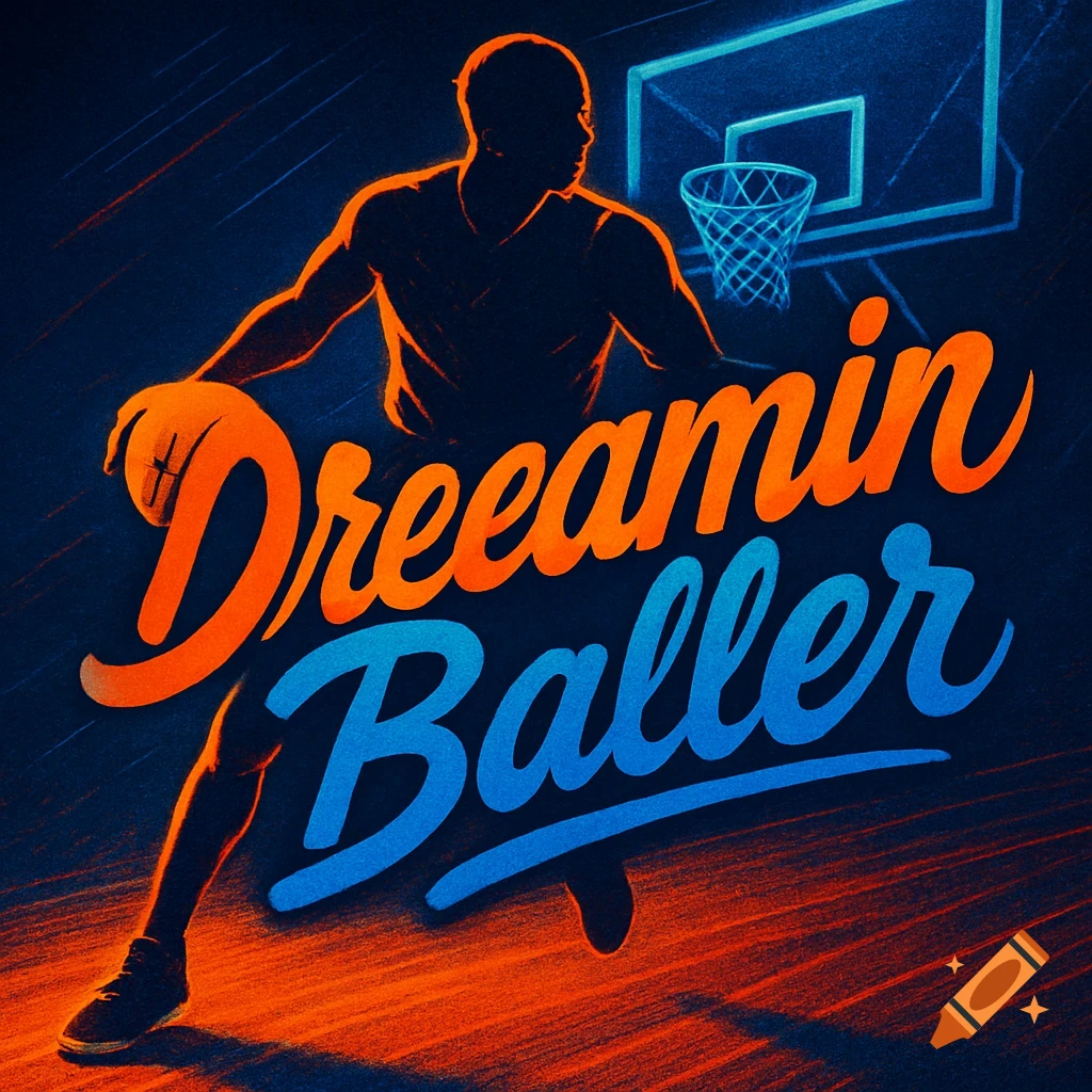 Graphic illustration of a basketball player silhouette dribbling, with 'Dreamin Baller' text in orange and blue, against a dark, vibrant background.