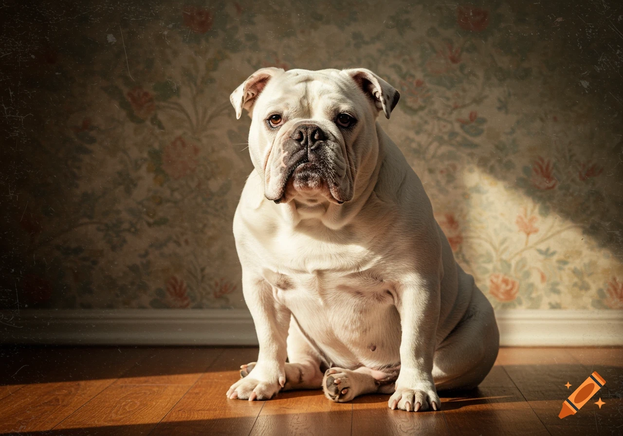 A white bulldog sits on a wooden floor with floral wallpaper in the background, sunlight highlighting its fur.