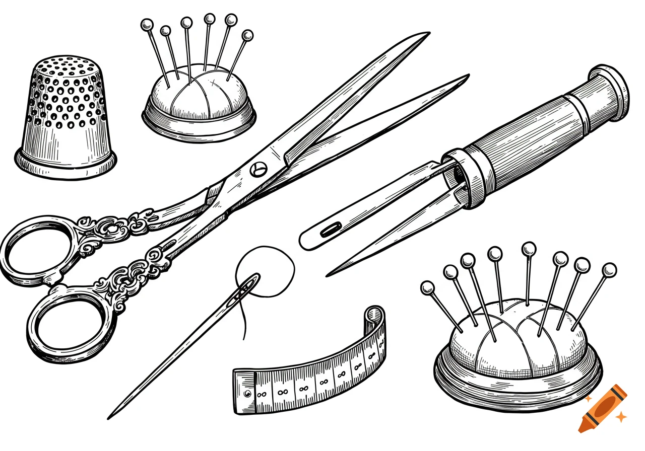 Black and white line art illustration of various sewing tools, including scissors, a thimble, pin cushions, a needle, and a measuring tape.