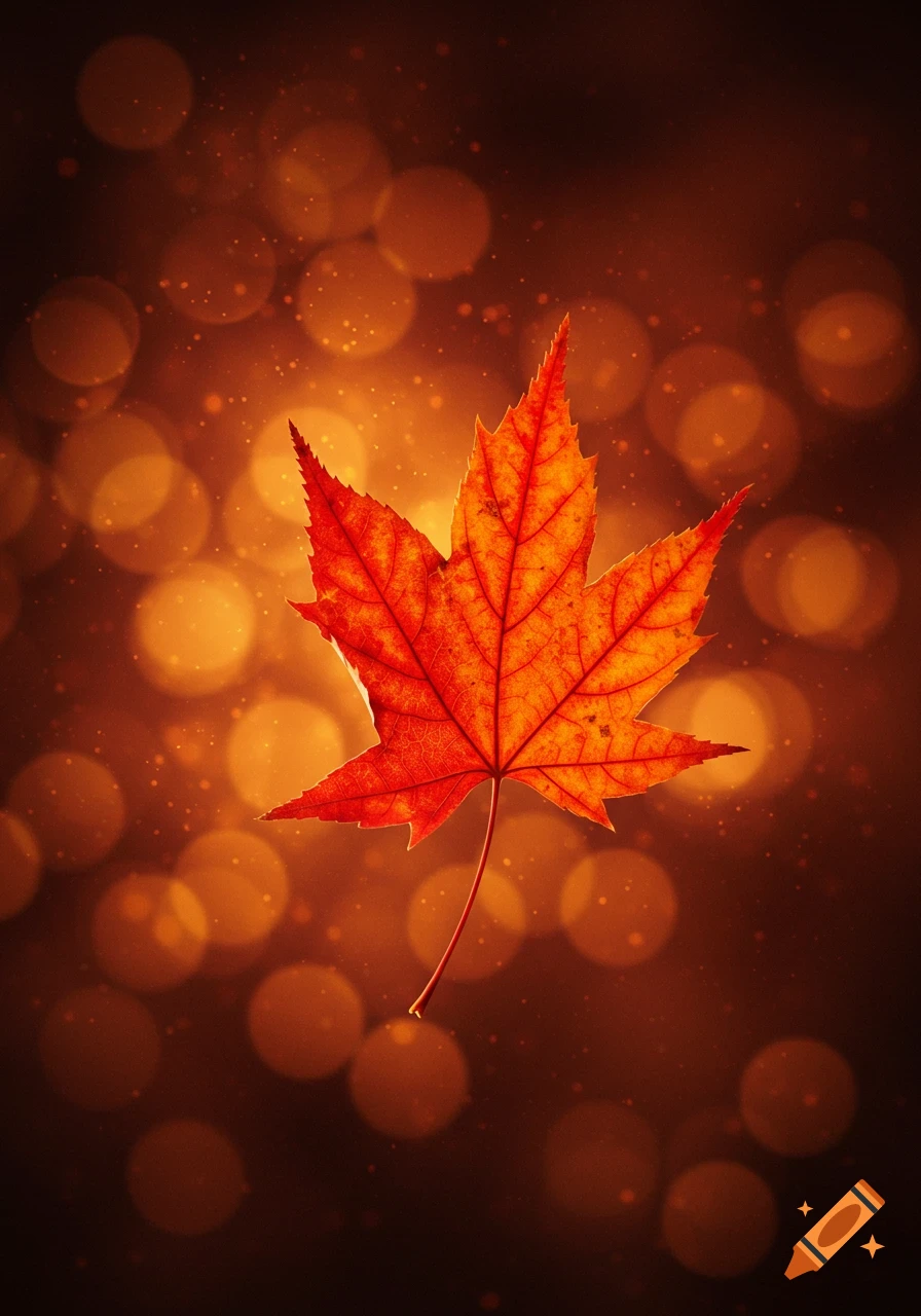A vibrant red and orange maple leaf floats against a warm, blurry bokeh background with subtle light particles.