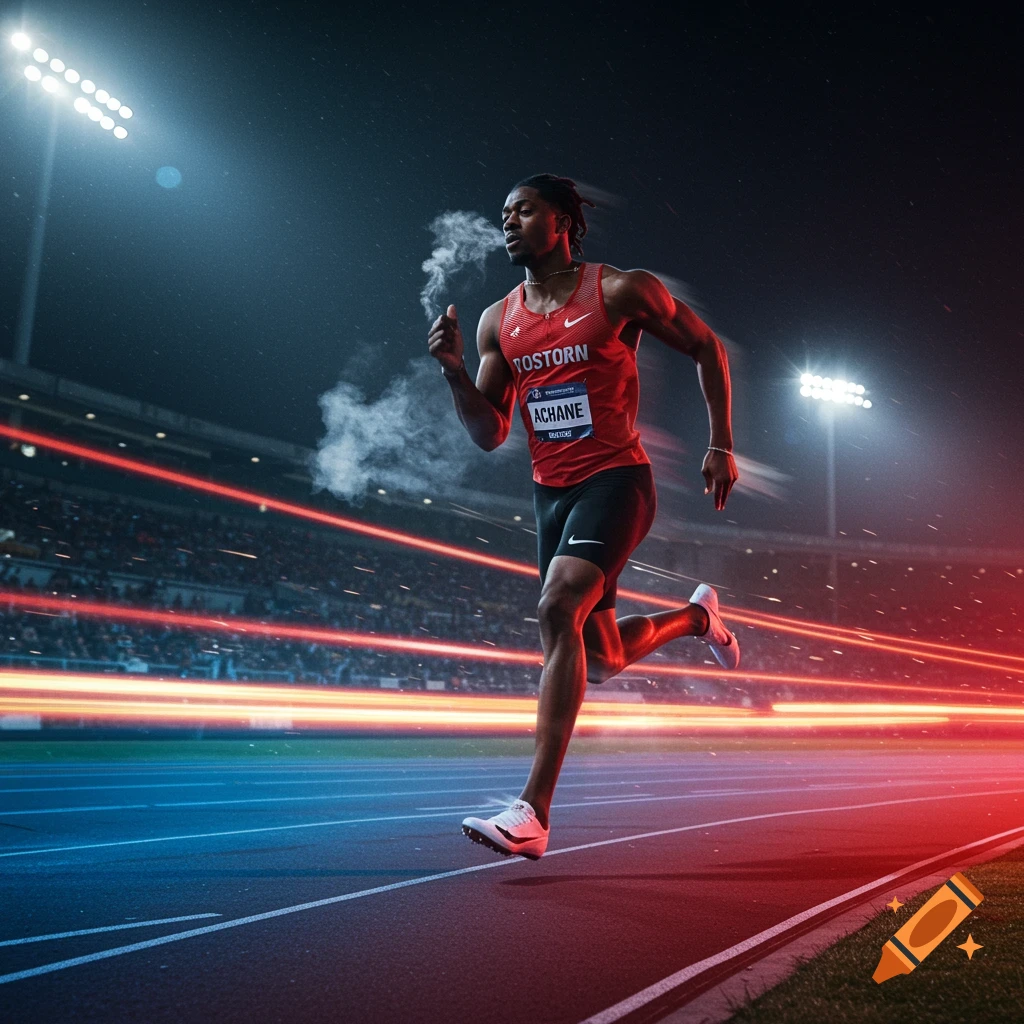 Photorealistic image of a male athlete running on a track at night, with light trails and stadium lights.