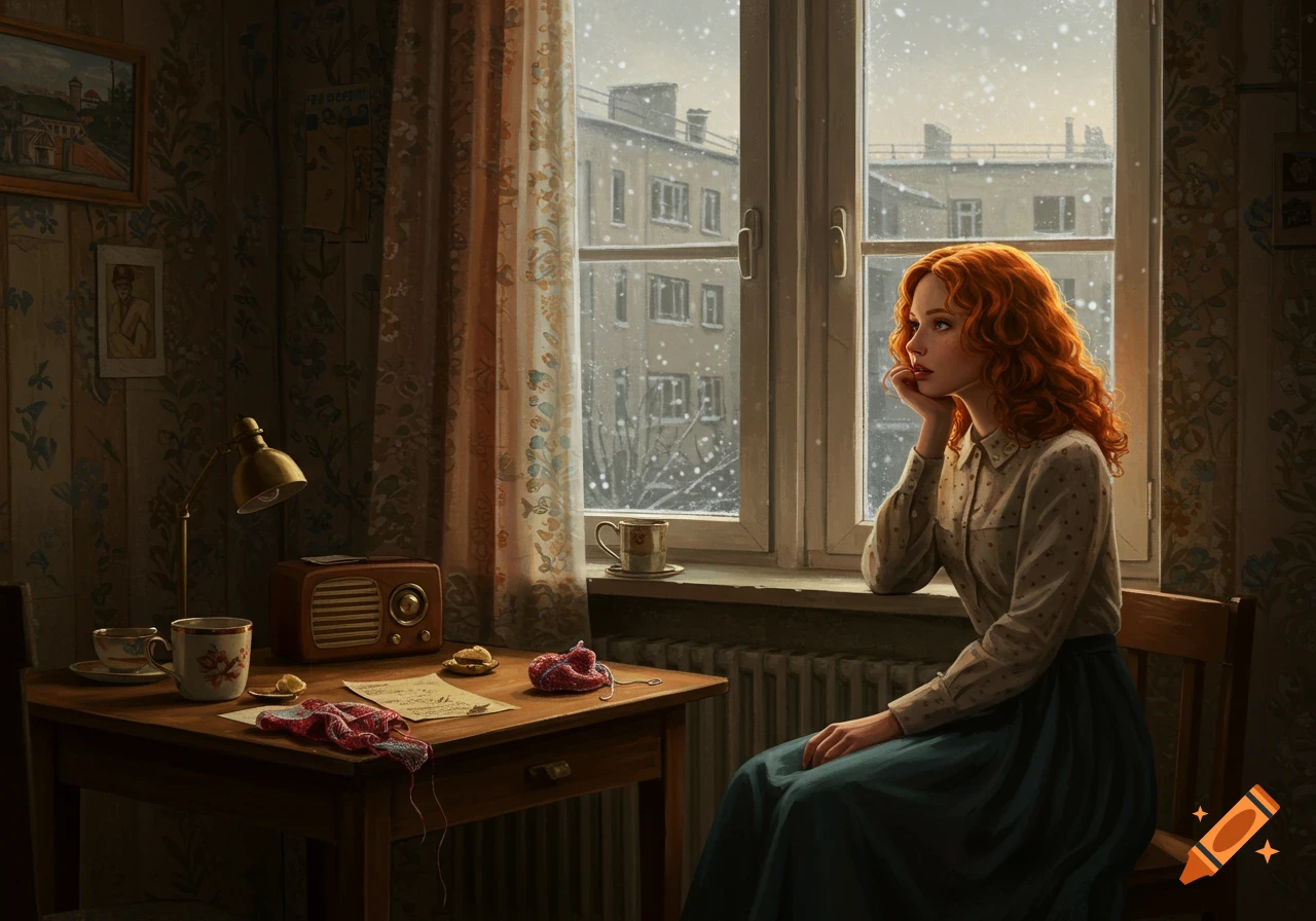 Red-haired woman sits by a window, looking at a snowy city street, in a vintage-style room with a radio and knitting.
