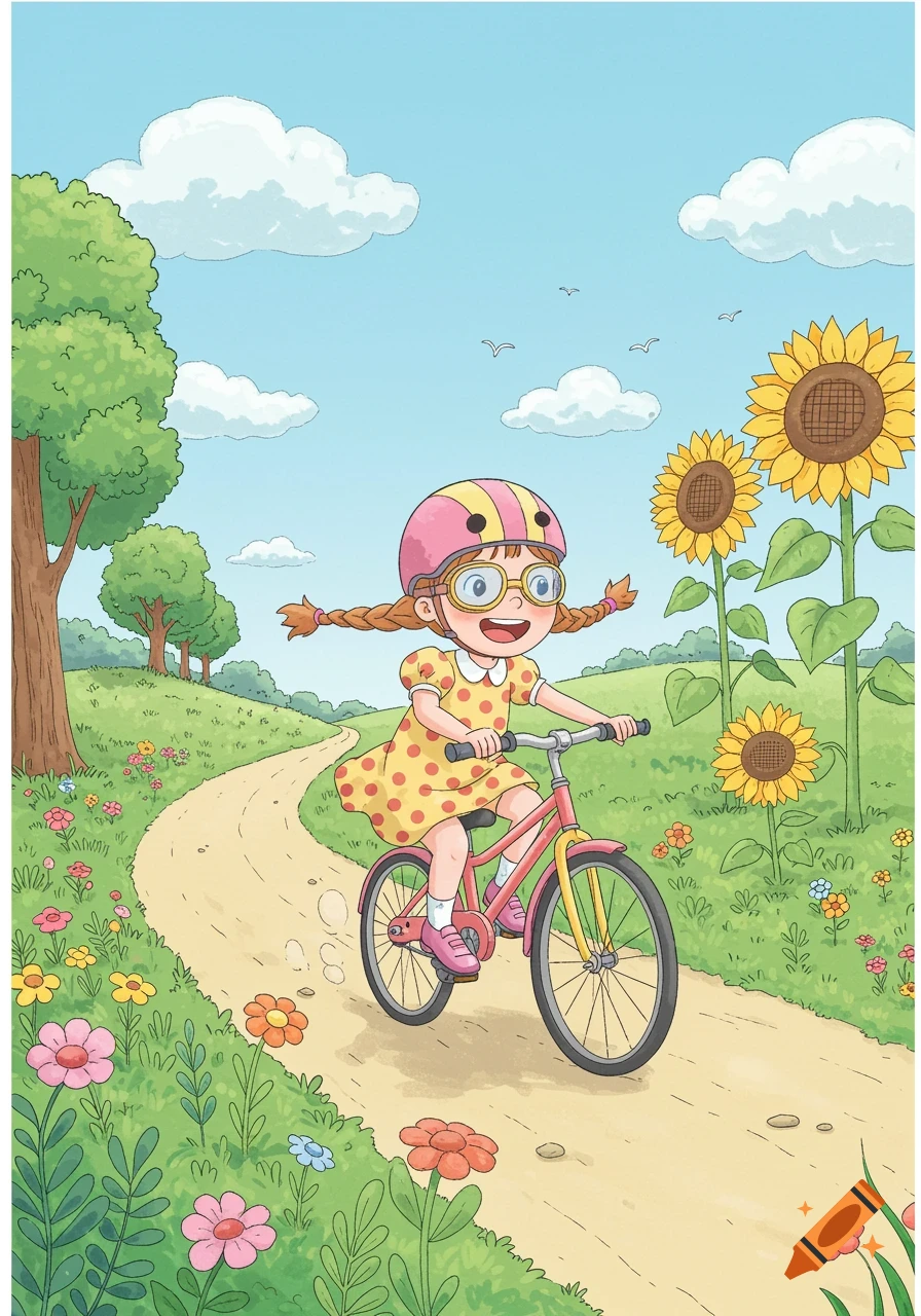 Cartoon illustration of a happy young girl riding a pink bicycle on a sunny dirt path through a field with flowers and sunflowers.