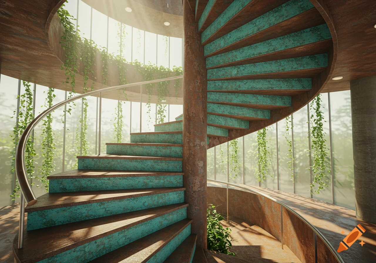 Photorealistic spiral staircase with weathered copper and turquoise steps, surrounded by glass windows and lush green vines.